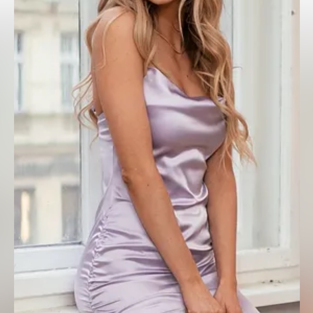 Cotton Candy satin cowl neck ruched tie gathered sides and back slip midi dress